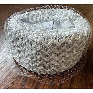 VTG Pillbox Hat Baby Blue Woven Straw Birdcage Veil Grosgrain Bow Union USAMade